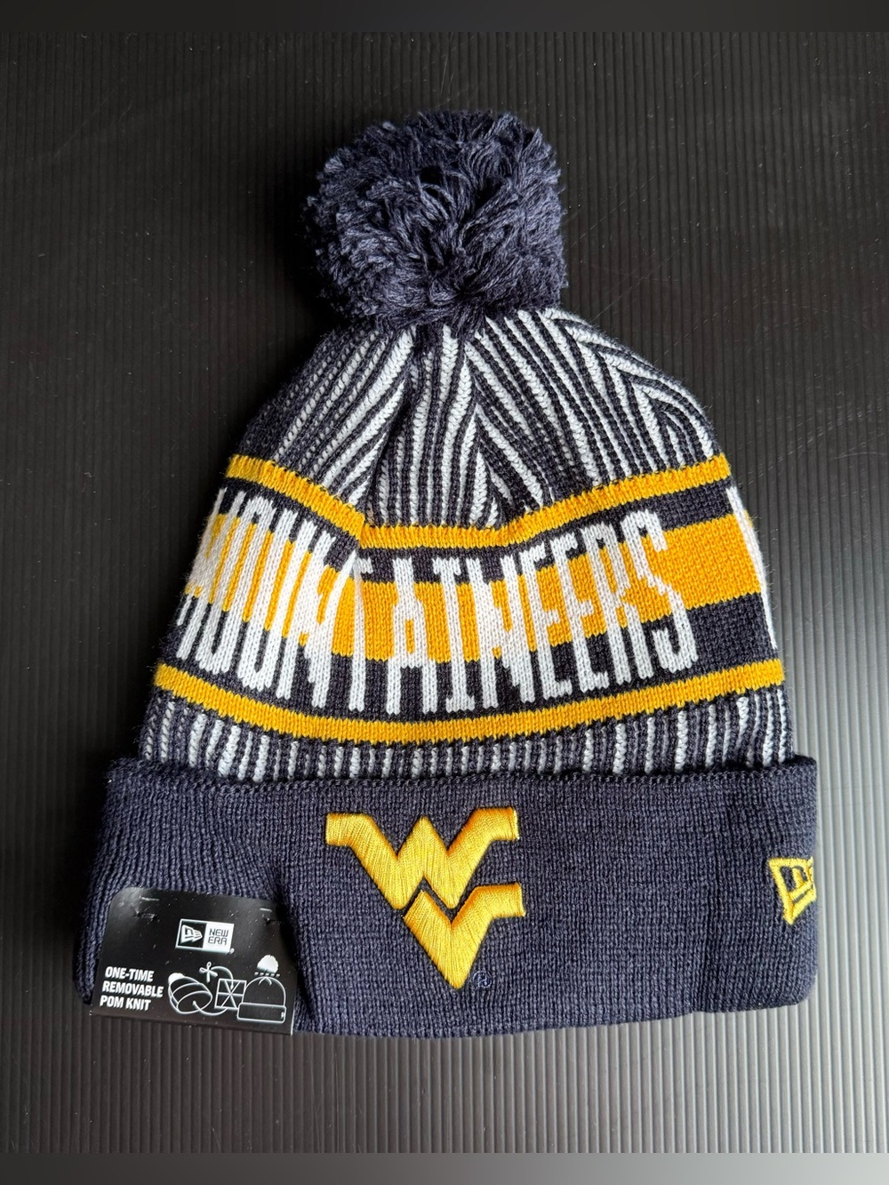 NWT New Era West Virginia Mountaineers Navy Yellow Cuffed Knitstriped Pom Beanie